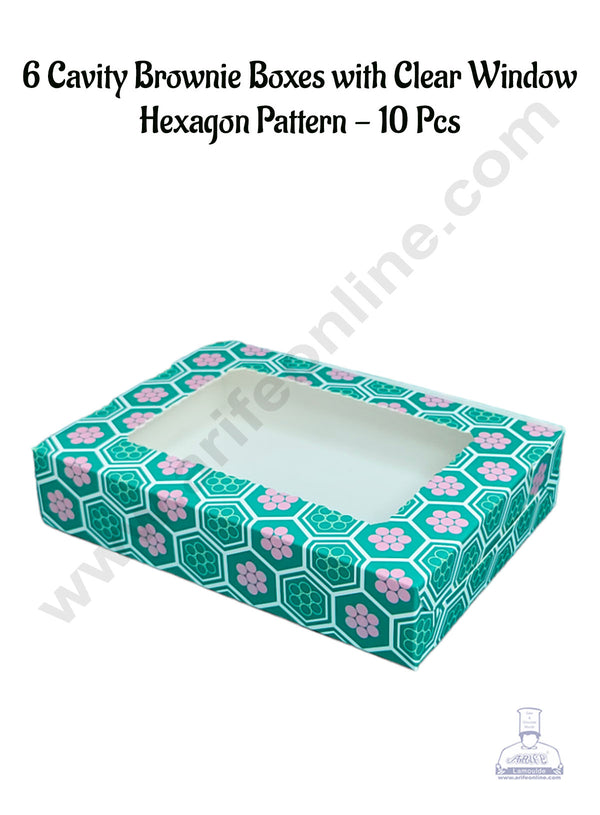 CAKE DECOR™ 6 Cavity Brownie Boxes with Clear Window Hexagon Pattern | Brownie Carriers - 10 Pcs Pack