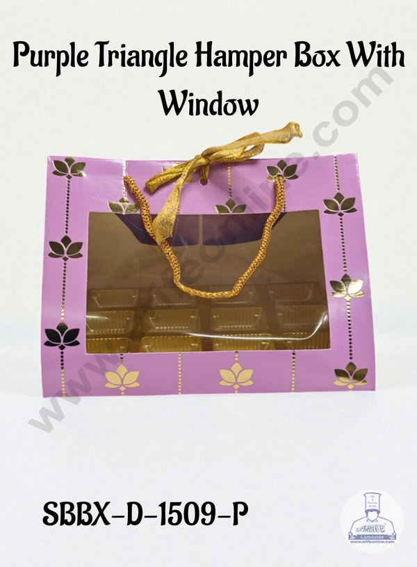 Purple Triangle Hamper Box with Window – Gold Lotus Print & Rope Handle | 19 x 16 x 15 cm | 1 pc (SBBX-D-1509-P)  - CAKE DECOR™