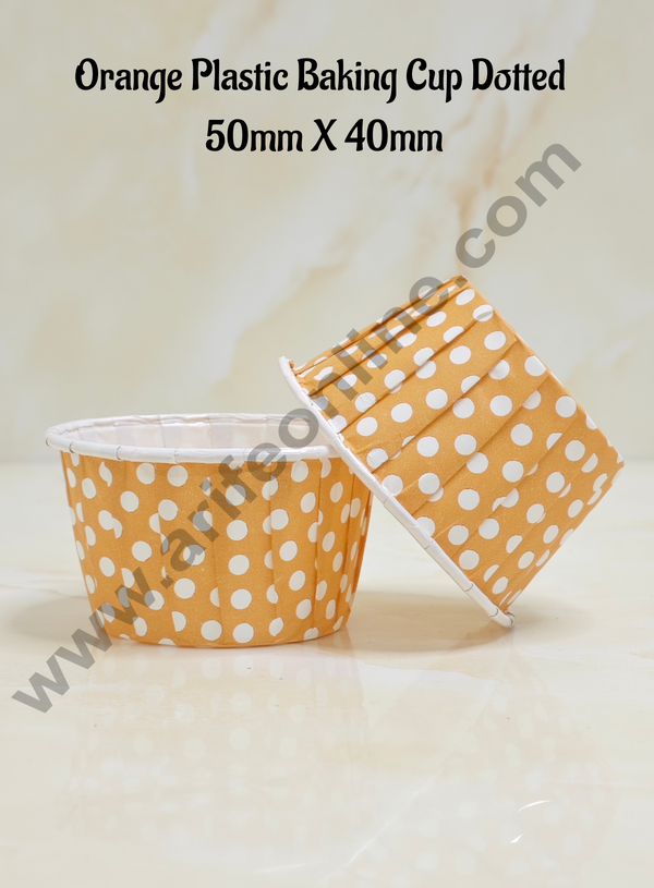 Cake Decor™ Orange Plastic Baking Cup Dotted Direct Bake-able Paper Muffin Cups (50mm X 40mm ) (100 Pcs)