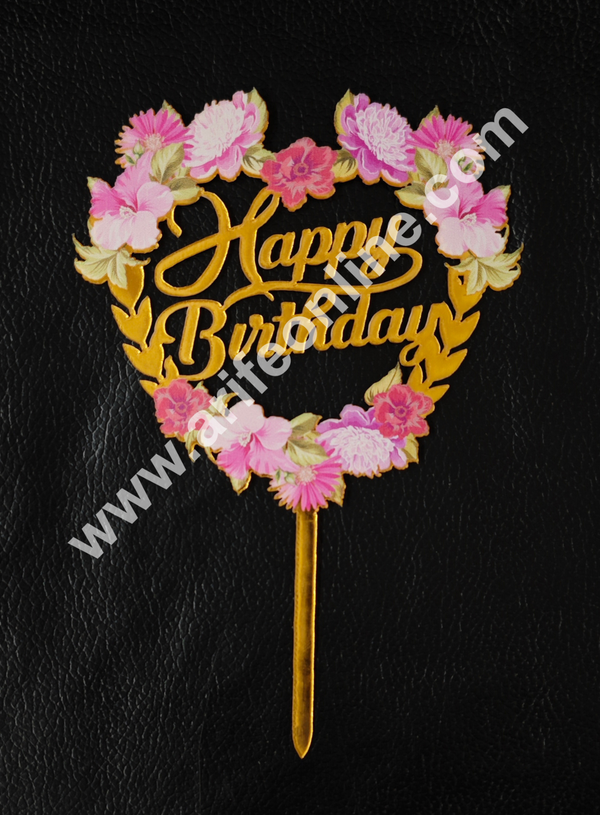 CAKE DECOR™ 5 Inch Imported Printed Cake and Cupcake Topper - Happy Birthday Heart Shaped Cutout With  Rose Flowers -07