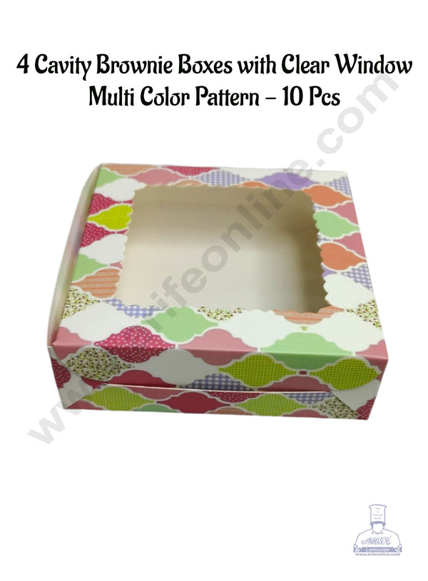 CAKE DECOR™ 4 Cavity Brownie Boxes with Clear Window Multi Color Pattern | Brownie Carriers - 10 Pcs Pack