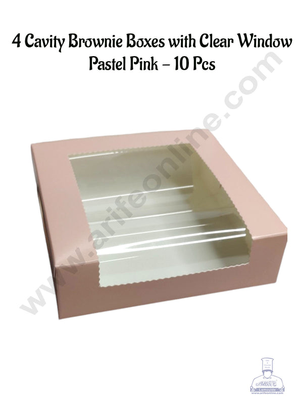 CAKE DECOR™ 4 Cavity Brownie Boxes with Clear Window Pastel Pink | Brownie Carriers - 10 Pcs Pack