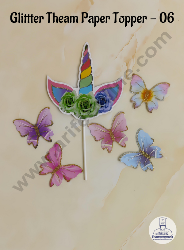 CAKE DECOR™ 6 pcs Unicorn Horn Tag with Multi Colour Glitter Butterfly Paper Topper For Cake And Cupcake