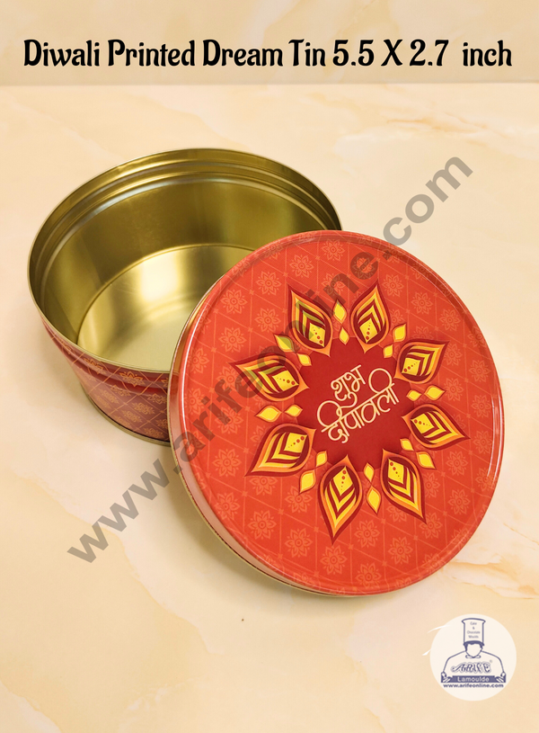 CAKE DECOR™ Dream Cake Tin Torte Cake Cookie Cake Tin Traditional Diwali Printed Design - Orange Color - 5.5 x 2.7 Inch