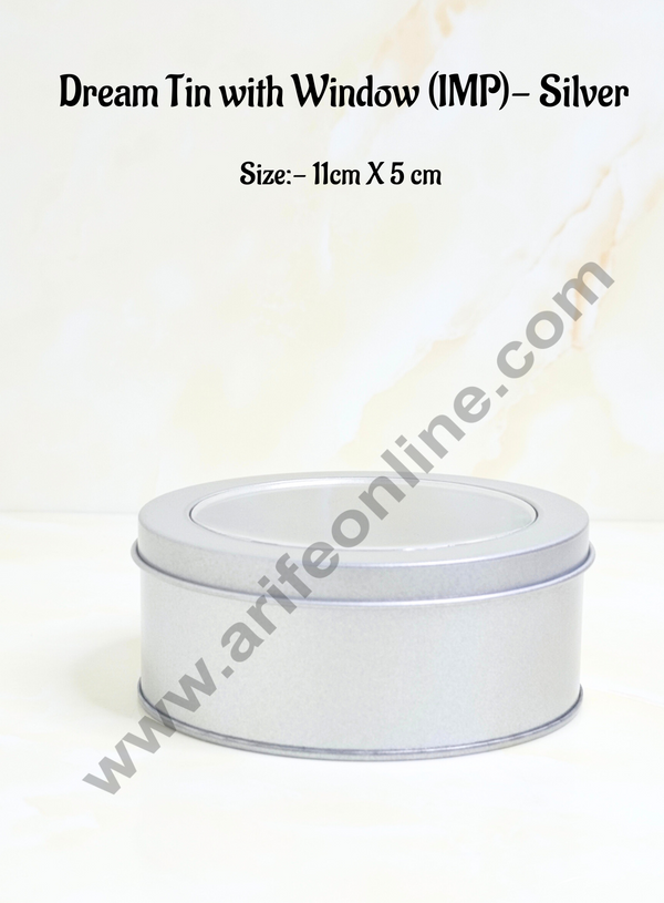 CAKE DECOR™ Dream Tin with Window (IMP) | Dream Cake Tin Torte cake Cookie Cake Tin - Silver Color - 11 cm X 5cm