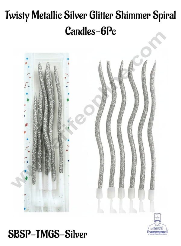 Cake Decor™ Unscented Party Twisty Metallic Silver Glitter Shimmer Spiral Candles-6Pc │ 10W x 65H Millimeters │SBSP-TMGS-Silver│