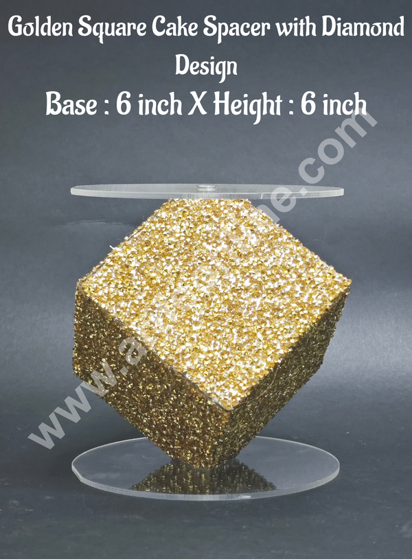 CAKE DECOR™ Golden Square Cake Spacer with Diamond Design For Cake and Cupcake Decoration  - Base 6 inch X Height 6 inch