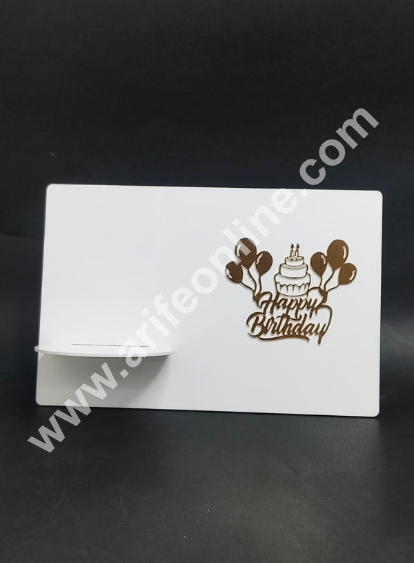 Happy Birthday Acrylic Cake Frame with Cake & Balloon Design | White Detachable Cake Display Stand | Elegant Cake Presentation Board - CAKE DECOR™