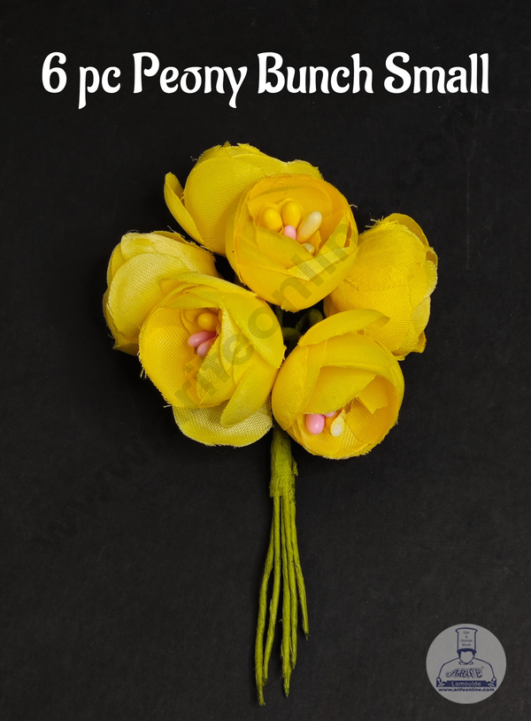 CAKE DECOR™  Small Peony Artificial Flower Bunch For Cake Decoration – Yellow ( 6 pc pack )