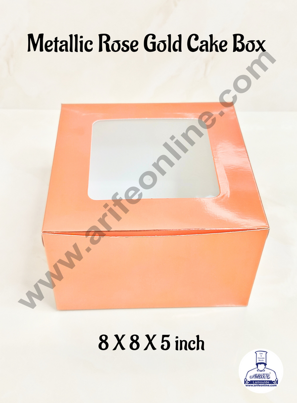 Cake Decor Metallic Rose Gold Cake Box Packaging with Clear Display Window 8x8x5 Inch (Pack of 5pcs)