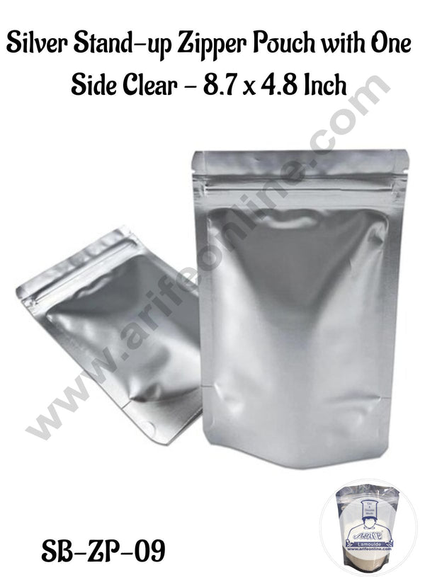 CAKE DECOR™  Medium Silver Stand-up Zipper Pouch with One Side Clear - 8.7 x 4.8 Inch (Pack of 10)(SB-ZP-09)