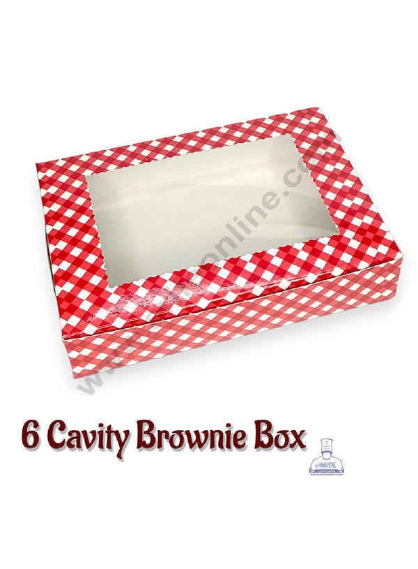 CAKE DECOR™ Red & White Checks Design 6 Cavity Brownie Box with Clear Window, Brownie Carriers ( 10 Pcs Pack )