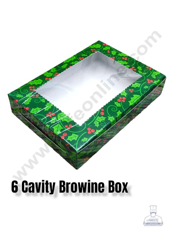 CAKE DECOR™ Christmas Theme 6 Cavity Brownie Boxes with Clear Window , Brownie Carriers – Christmas Theme 5 ( 10 Pcs Pack )