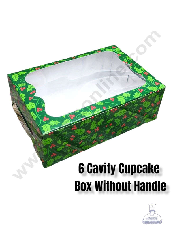 CAKE DECOR™ Christmas Theme 6 Cavity Cupcake Boxes Clear Window Without Handle, Cupcake Carriers – Christmas Theme 5 ( 10 Pcs Pack )