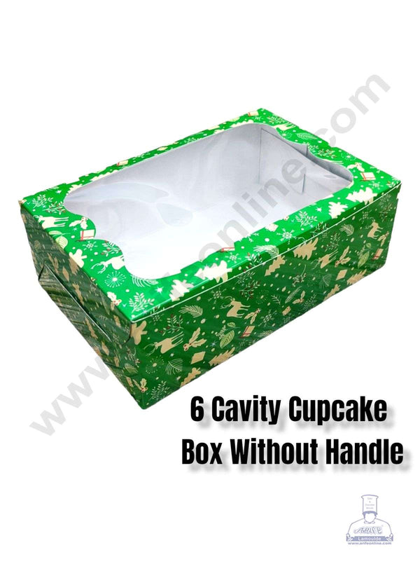 CAKE DECOR™ Christmas Theme 6 Cavity Cupcake Boxes Clear Window Without Handle, Cupcake Carriers – Christmas Theme 6 ( 10 Pcs Pack )