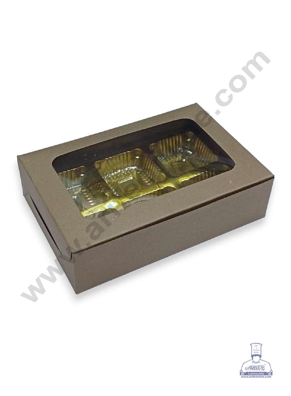 CAKE DECOR™ 6 Cavity Chocolate Box with Cavity & Clear Window Without Handle ( 10 Piece Pack ) - Dark Woody Brown