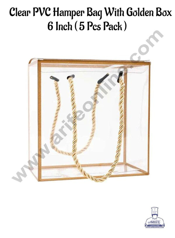 CAKE DECOR™ 6 Inch Clear PVC Hamper Bag with Golden Border | Gift Box | Gift Bag with Handle (5 Pcs Pack)