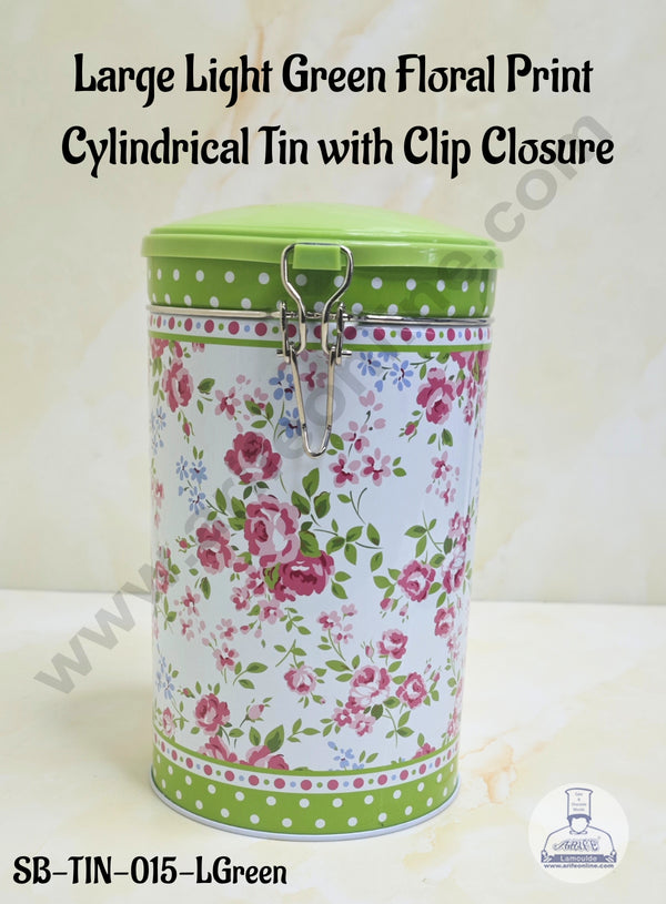 CAKE DECOR™ Large Light Green Floral Print  Cylindrical Tin with Clip Closure - SB-TIN-015-LGreen