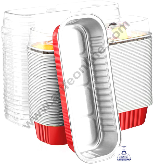 CAKE DECOR™ Rectangle  Aluminium Tin Foil Bake & Serve Cup with Lid | Aluminium Containers | Non-Stick Foil Baking container - Red - 5 Pcs Pack