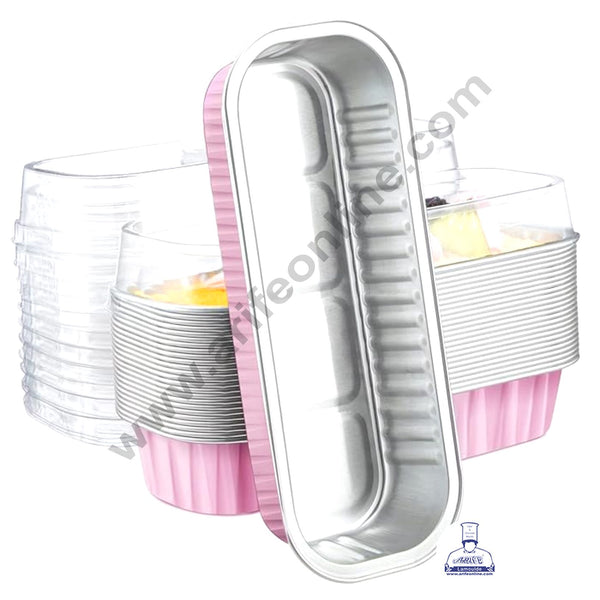 CAKE DECOR™ Rectangle  Aluminium Tin Foil Bake & Serve Cup with Lid | Aluminium Containers | Non-Stick Foil Baking container - Pink - 5 Pcs Pack