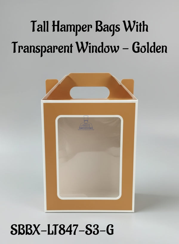 Tall Hamper Bags With Transparent Window - Golden | 18 x 10 x 23 cm | 1 Piece - CAKE DECOR™