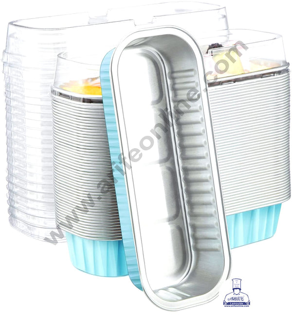 CAKE DECOR™ Rectangle  Aluminium Tin Foil Bake & Serve Cup with Lid | Aluminium Containers | Non-Stick Foil Baking container - Blue - 5 Pcs Pack