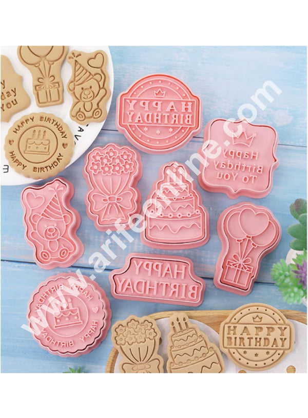 CAKE DECOR™ 8 Pcs Happy Birthday Theme Plastic Biscuit Cutter 3D Cookie Cutter ( SB-B125 )