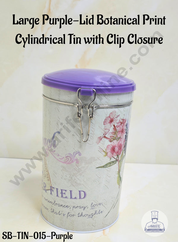CAKE DECOR™ Large Purple-Lid Botanical Print  Cylindrical Tin with Clip Closure - SB-TIN-015-Purple