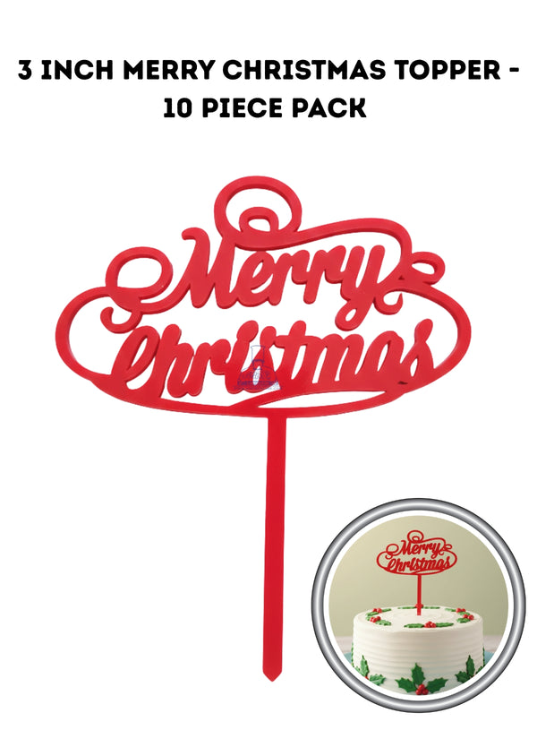 CAKE DECOR™ 3 inch Acrylic Red Merry Christmas Cutout Cake Topper Cake Decoration | 10 piece pack (SBMT-6061)