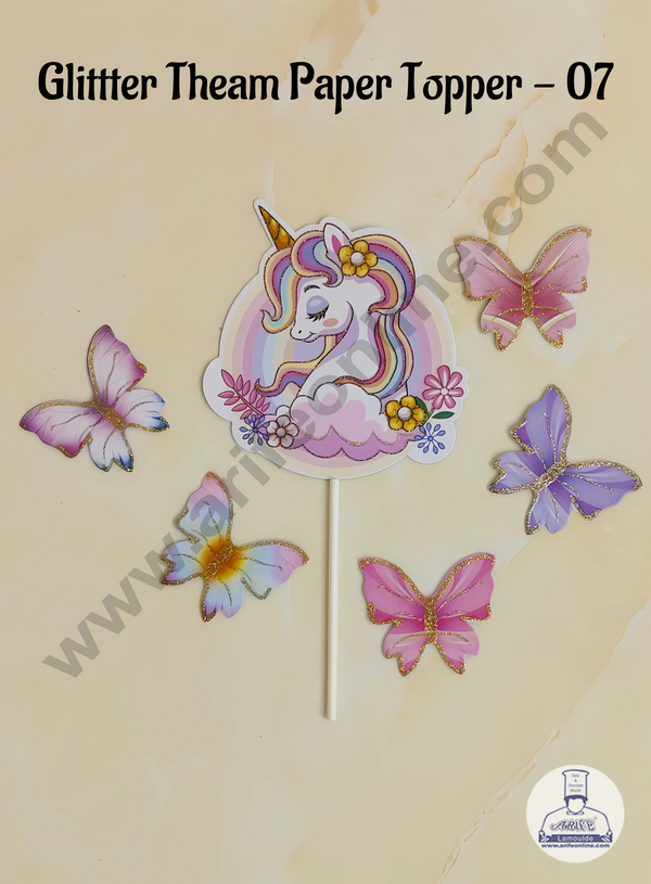 CAKE DECOR™ 6 pcs Unicorn Tag with Multi Colour Glitter Butterfly Paper Topper For Cake And Cupcake