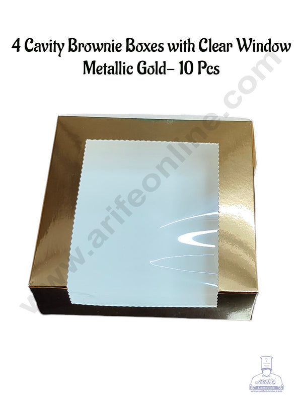 CAKE DECOR™ 4 Cavity Brownie Boxes with Clear Window Metallic Gold | Brownie Carriers - 10 Pcs Pack