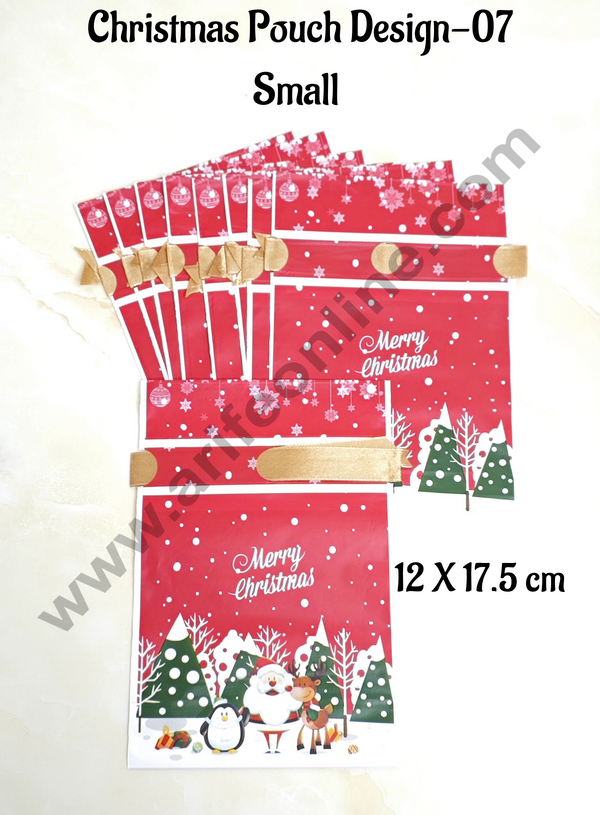 Cake Decor ™ Small Red Color Christmas Theme Cookie pouch Plastic Drawstring Bag Treat With Ribbon | Design - 07 | Pack of 10 | (12cm X 17.5cm)