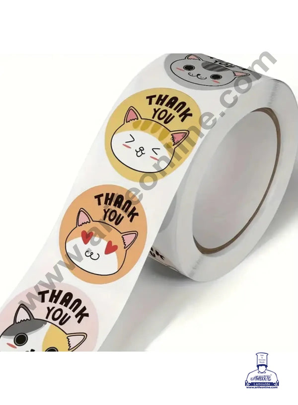 CAKE DECOR™ 1 Roll 500pcs Cute Cat Emojis Thank You Self Adhesive Paper Sticker Labels 25mm