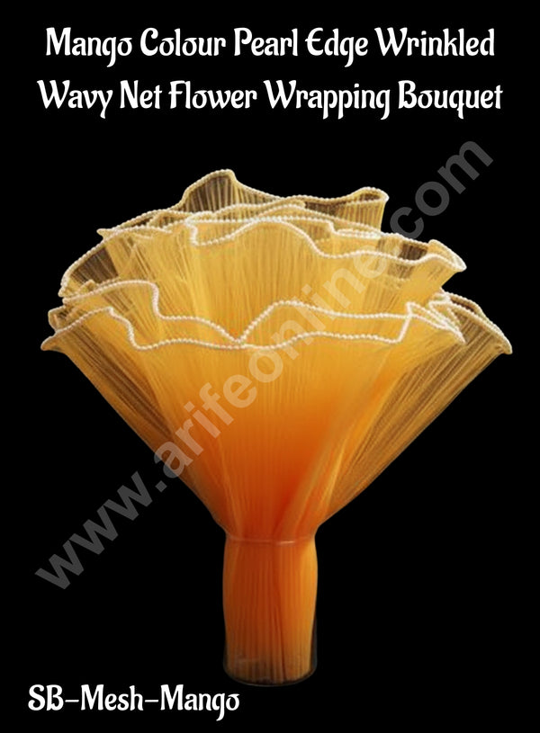 CAKE DECOR™ Mango Pearl Edge Wrinkled Wavy Net Flower Wrapping Bouquet  | Flower Wrapping Mesh | (SB-Mesh-Mango)| 1 Pc|
