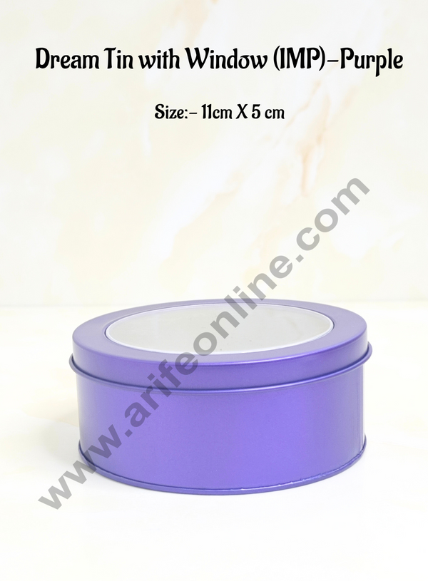 CAKE DECOR™ Dream Tin with Window (IMP) | Dream Cake Tin Torte cake Cookie Cake Tin - Purple Color - 11 cm X 5cm