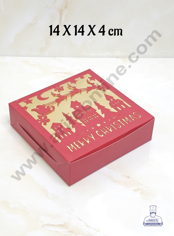 CAKE DECOR™ Christmas Theme Sweet Box With Merry Christmas Cut-Out For Hampers | Chocolate Box | Brownie Box - 1 Pcs Pack - Red- 14 X 14 X 4 cm