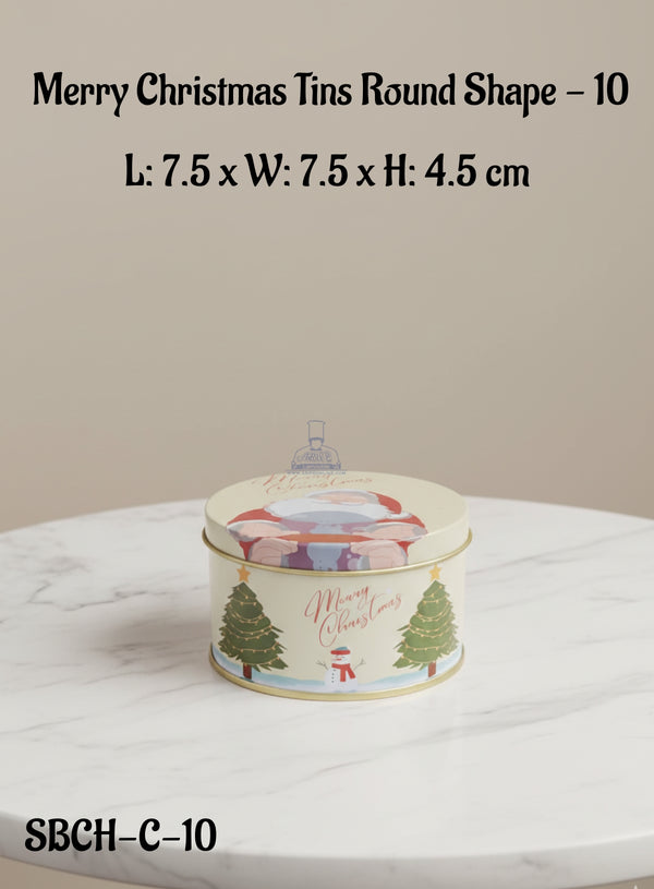 Cake Decor ™ Merry Christmas Tins Round Shape - 10| L: 7.5 x W: 7.5 x H: 4.5 cm| Round Storage Containers Tins | 1 Pc Pack