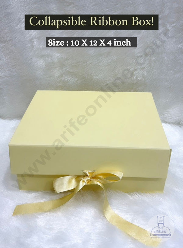 CAKE DECOR™  Light Yellow Color Folding Hard Hamper Box with ribbon | 10X12X4 Inch | Gift Box | Present Box - 1 Pc |  (SBBX-HFFB-D16)