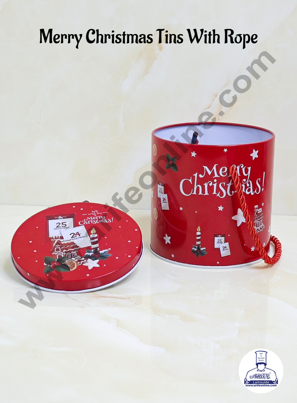 Merry Christmas Tins | Round Storage Containers Tins | Tin Holders Box with Rope & Lids | Random Pattern