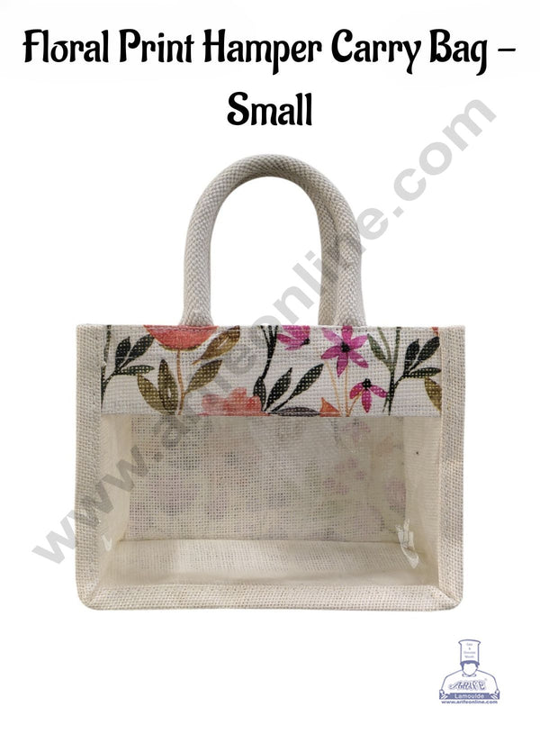 Floral Printed With Transparent Front Jute Hamper Carry Bag - Small  - CAKE DECOR™