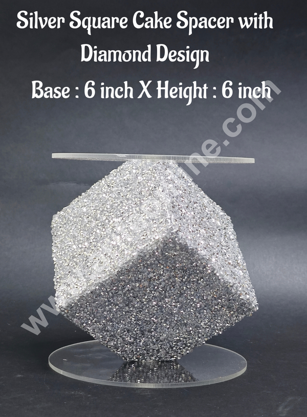 CAKE DECOR™ Silver Square Cake Spacer with Diamond Design For Cake and Cupcake Decoration  - Base 6 inch X Height 6 inch