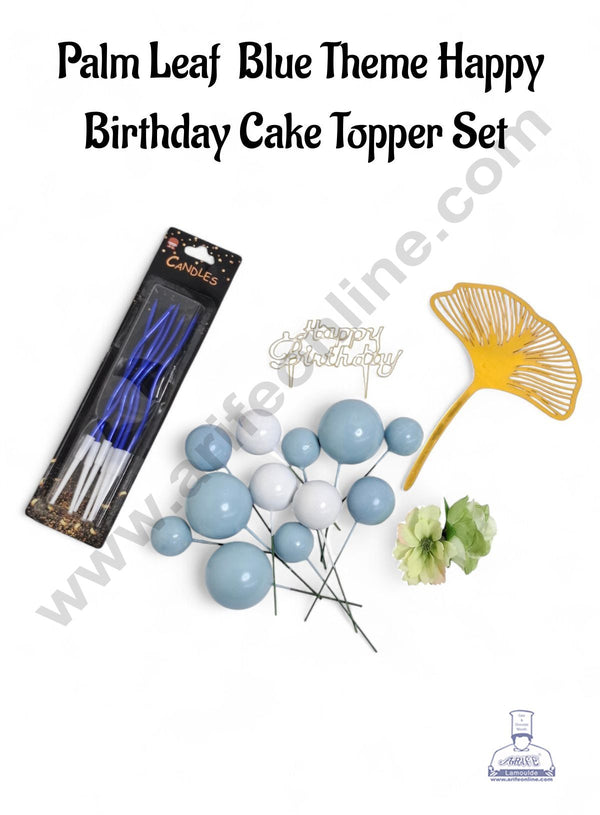 Palm Leaf Blue Theme Happy Birthday Cake Topper Set  - CAKE DECOR™