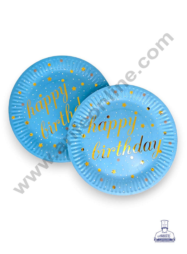 CAKE DECOR™ 7 inch Blue Happy Birthday with Stars & Dots Paper Plates | Disposable Plates | Birthday | Party | Occasions | Round Plates - Pack of 10