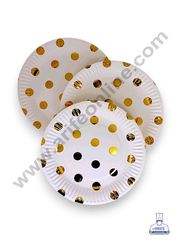 CAKE DECOR™ 7 inch Gold Polka Dots Paper Plates | Disposable Plates | Birthday | Party | Occasions | Round Plates - Pack of 10