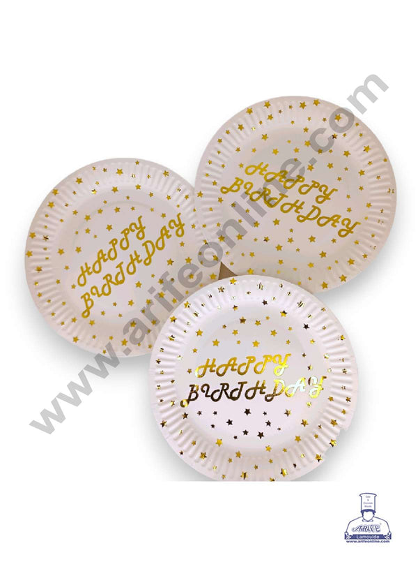 CAKE DECOR™ 7 inch Happy Birthday with Stars Dots Paper Plates | Disposable Plates | Birthday | Party | Occasions | Round Plates - Pack of 10