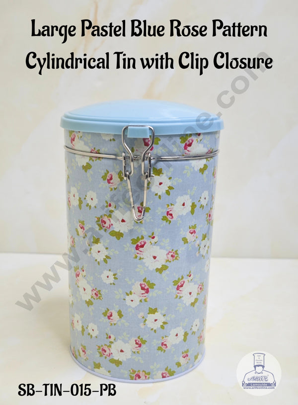 CAKE DECOR™ Large Pastel Blue Rose Pattern  Cylindrical Tin with Clip Closure -  SB-TIN-015-PB