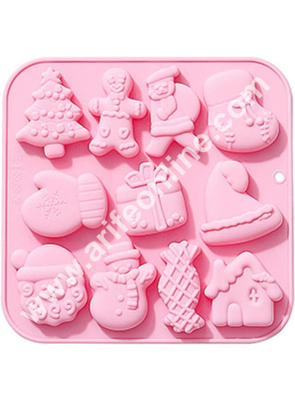 CAKE DECOR™ 11 Cavity Silicon Christmas Theme Tree, Snowman, House, Cap Silicon Chocolate Mould Jelly Mould