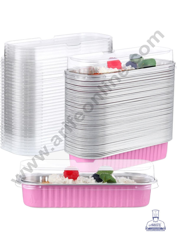 CAKE DECOR™ Rectangle  Aluminium Tin Foil Bake & Serve Cup with Lid | Aluminium Containers | Non-Stick Foil Baking container - Pink - 5 Pcs Pack