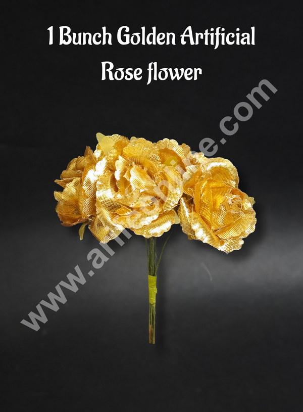 CAKE DECOR™1 Bunch Golden Rose Artificial Flower For Cake Decoration – Gold