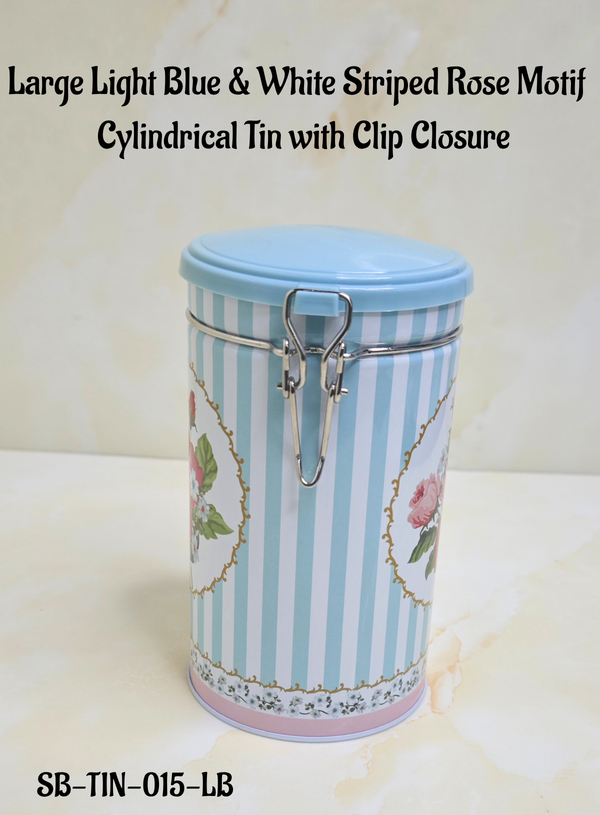 CAKE DECOR™ Large Light Blue & White Striped Rose Motif Cylindrical Tin with Clip Closure - SB-TIN-015-LB